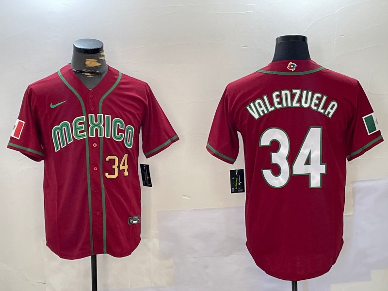 Men's Mexico Baseball #34 Fernando Valenzuela Red Number Gold World Baseball Classic Patchh Cool Base Stitched Jersey
