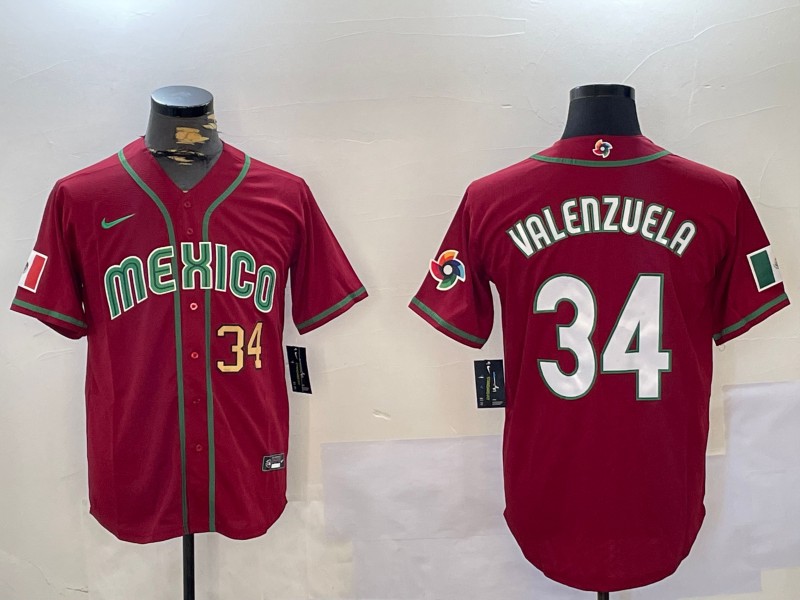 Men's Mexico Baseball #34 Fernando Valenzuela Red Number Gold World Baseball Classic Patchh Cool Base Stitched Jerseys