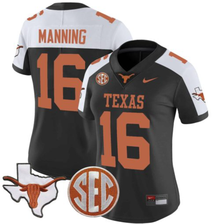 Women's Texas Longhorns #16 Arch Manning Black White Map & SEC Patch Stitched Football Jersey