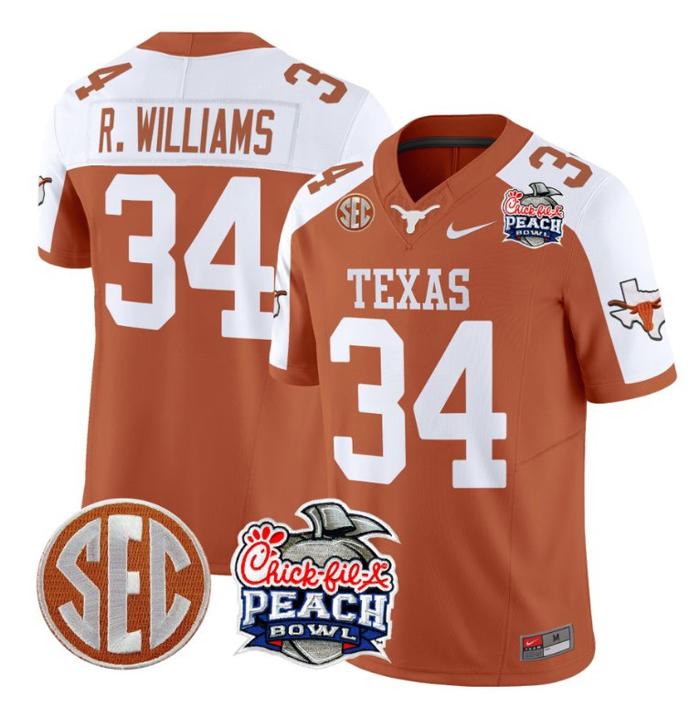 Men's Nike Ricky Williams Jersey #34 Texas Longhorns Peach Bowl Patch FUSE Vapor Limited NCAA FB Stitched Orange Alternate