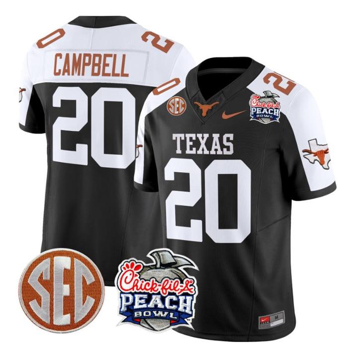Men's Nike Earl Campbell Jersey #20 Texas Longhorns Peach Bowl Patch FUSE Vapor Limited NCAA FB Stitched Black Alternate