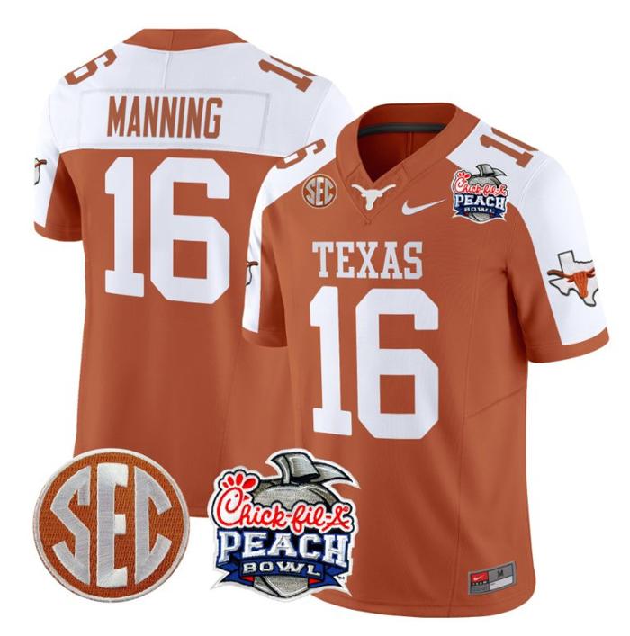Men's Nike Arch Manning Jersey #16 Texas Longhorns Peach Bowl Patch FUSE Vapor Limited NCAA FB Stitched Orange Alternate