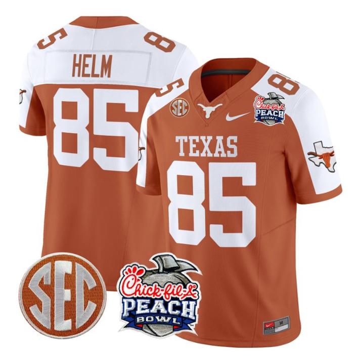 Men's Nike Gunnar Helm Jersey #85 Texas Longhorns Peach Bowl Patch FUSE Vapor Limited NCAA FB Stitched Orange Alternate