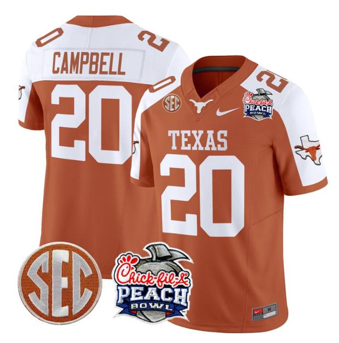 Men's Nike Earl Campbell Jersey #20 Texas Longhorns Peach Bowl Patch FUSE Vapor Limited NCAA FB Stitched Orange Alternate