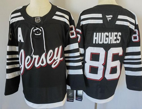 Men's New Jersey Devils #86 Jack Hughes Black With A Patch Authentic NHL Stitched Hockey Jersey
