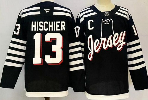 Men's New Jersey Devils #13 Nico Hischier Black With C Patch Authentic NHL Stitched Hockey Jersey