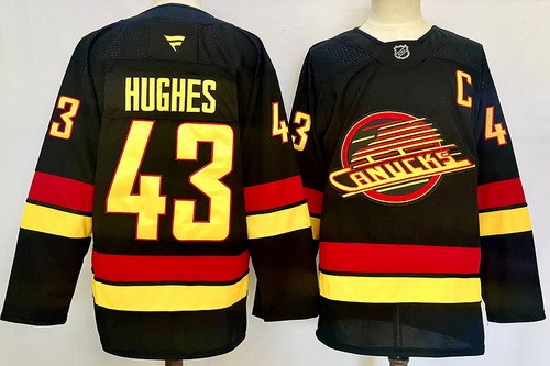 Men's Vancouver Canucks #43 Quinn Hughes Black Alternate With C Patch Authentic NHL Stitched Hockey Jersey