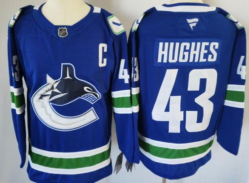 Men's Vancouver Canucks #43 Quinn Hughes Blue With C Patch Authentic NHL Stitched Hockey Jersey