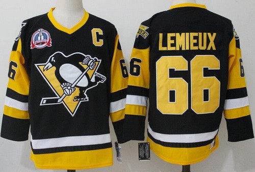 Men's Pittsburgh Penguins #66 Mario Lemieux Black 1992 Stanley Cup With 1931-91 Badger 25TH C Patch Throwback CCM NHL Jersey
