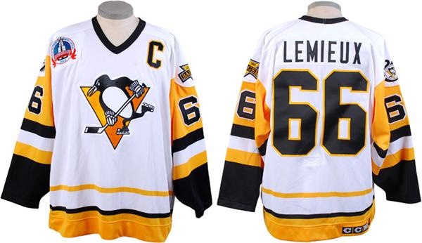 Men's Pittsburgh Penguins #66 Mario Lemieux White 1992 Stanley Cup With 1931-91 Badger 25TH C Patch Throwback CCM NHL Jersey