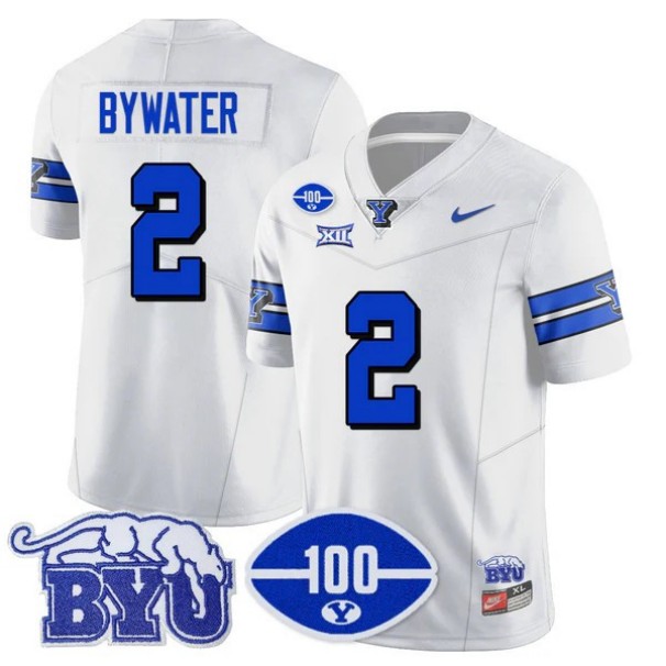 Men's BYU Cougars #2 Ben Bywater 100th Season 2024 NCAA Football Nike Limited Vapor Stitched Jersey White 