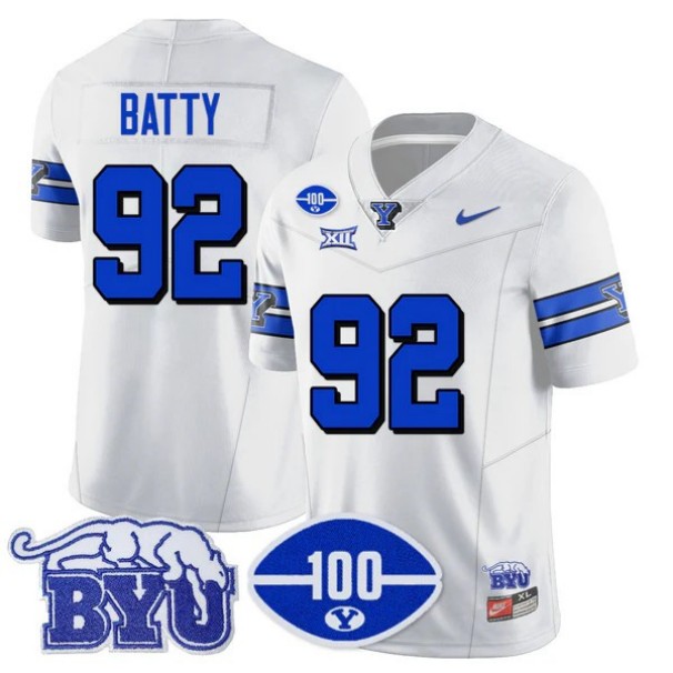Men's BYU Cougars #92 Tyler Batty 100th Season 2024 NCAA Football Nike Limited Vapor Stitched Jersey White 