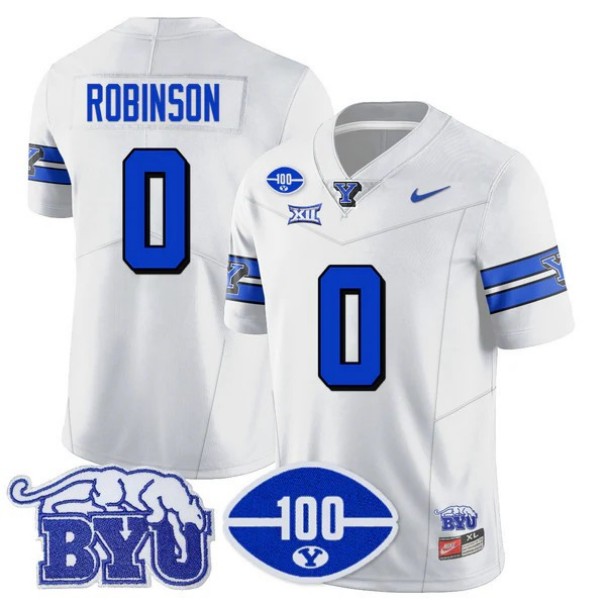 Men's BYU Cougars #0 Jakob Robinson 100th Season 2024 NCAA Football Nike Limited Vapor Stitched Jersey White 