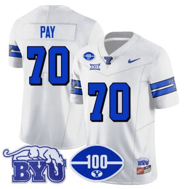 Men's BYU Cougars #70 Connor Pay 100th Season 2024 NCAA Football Nike Limited Vapor Stitched Jersey White 