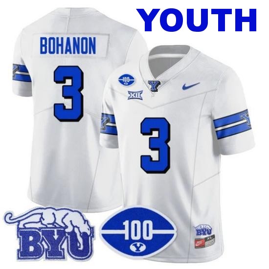 Youth BYU Cougars #3 Gerry Bohanon 100th Season 2024 NCAA Football Nike Limited Vapor Stitched Jersey White 