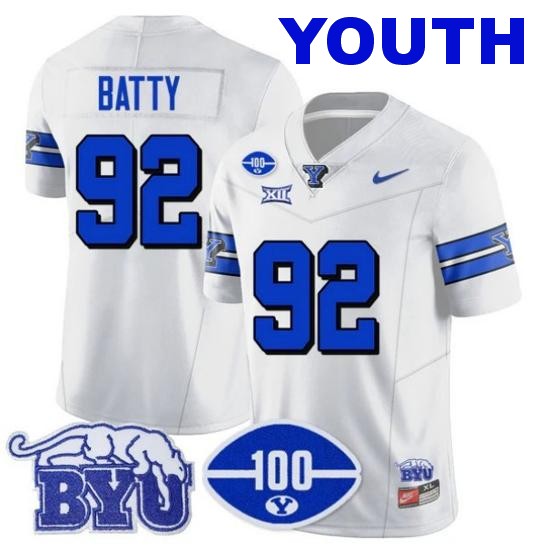 Youth BYU Cougars #92 Tyler Batty 100th Season 2024 NCAA Football Nike Limited Vapor Stitched Jersey White 