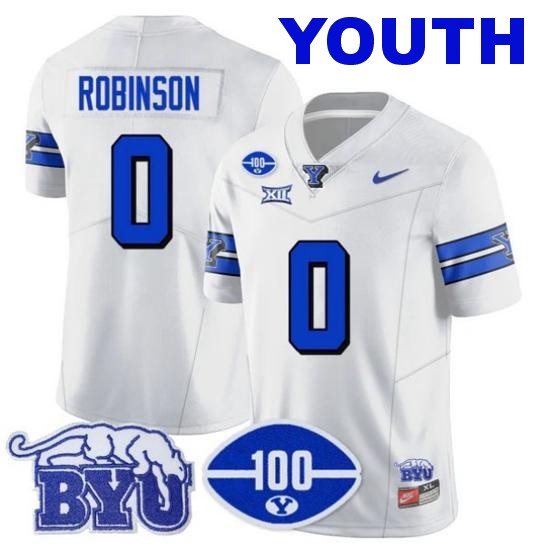 Youth BYU Cougars #0 Jakob Robinson 100th Season 2024 NCAA Football Nike Limited Vapor Stitched Jersey White 