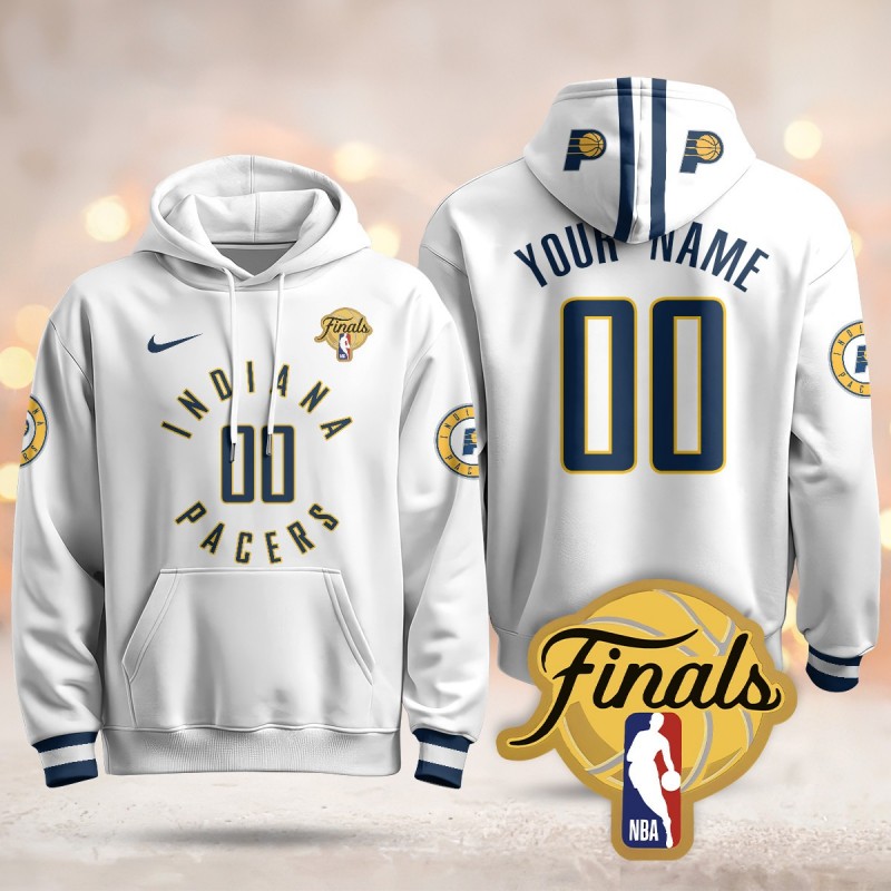 Men's Indiana Pacers Custom White Association 2025 Finals Patch Stitched Hoodie