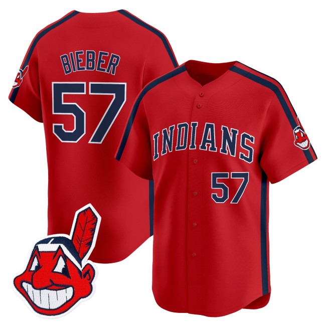 Men's Cleveland Indians #57 Shane Bieber Red Ricky 'Wild Thing' Vaughn Limited Jersey