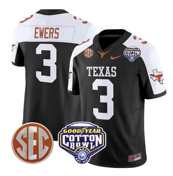 Men's Texas Longhorns #3 Quinn Ewers Black White F.U.S.E. 2025 Cotton Bowl Classic Patch Vapor Limited Stitched Jersey