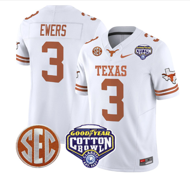 Men's Texas Longhorns #3 Quinn Ewers White F.U.S.E. 2025 Cotton Bowl Classic Patch Vapor Limited Stitched Jersey