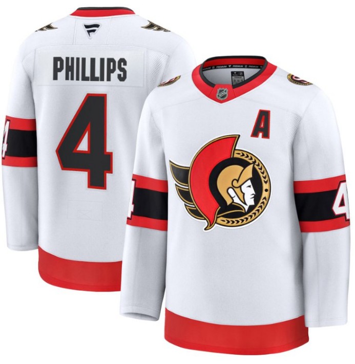 Men's Ottawa Senators #4 Chris Phillips White 2025 Premium Away Stitched Hockey Jersey