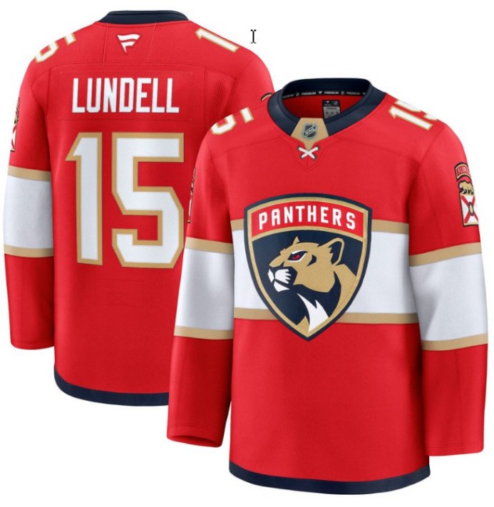 Men's Florida Panthers #15 Anton Lundell Red 2025 Premium Stitched Hockey Jersey