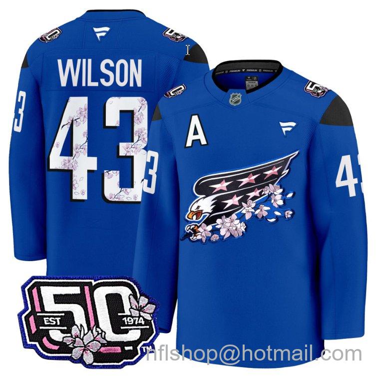 Men's Washington Capitals Tom Wilson #43 Screaming Eagle 50th Anniversary Cherry Blossom Stitched Hockey Jersey