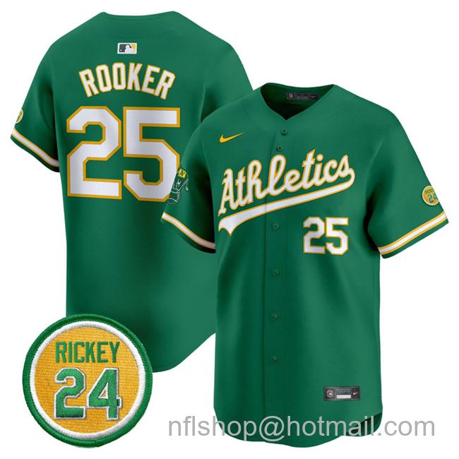 Men's Oakland Athletics #25 Brent Rooker Green 2024 Limited With Rickey Henderson Patch Stitched Jersey
