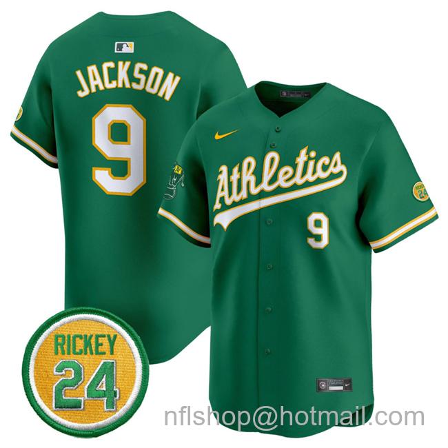 Men's Oakland Athletics #9 Reggie Jackson Green 2024 Limited With Rickey Henderson Patch Stitched Jersey