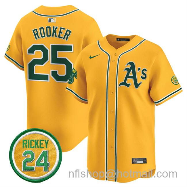 Men's Oakland Athletics #25 Brent Rooker Yellow 2024 Limited With Rickey Henderson Patch Stitched Jersey