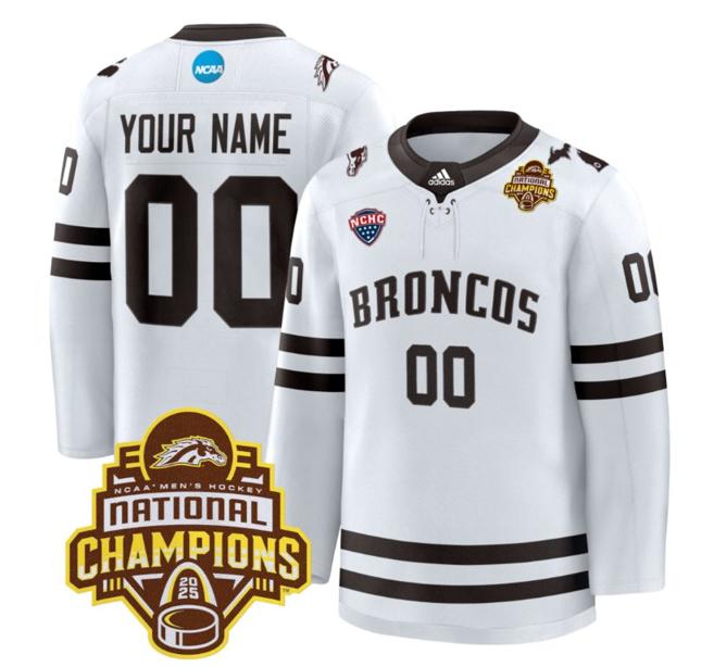 Men's Western Michigan Broncos Custom adidas 2025 NCAA Men's Hockey National Champions Patch Premium Stitched Jersey White