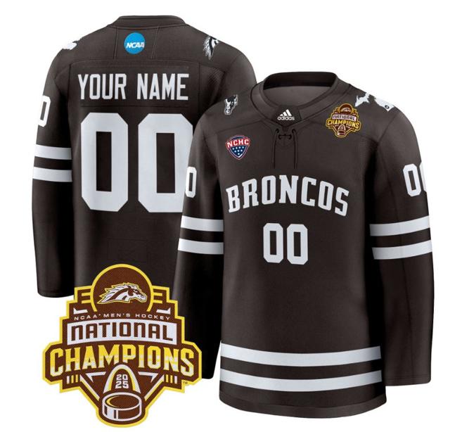 Men's Western Michigan Broncos Custom adidas 2025 NCAA Men's Hockey National Champions Patch Premium Stitched Jersey Brown