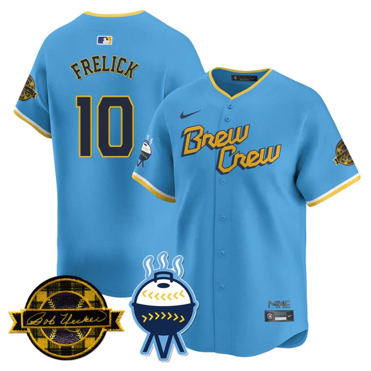 Men's Sal Frelick Jersey #10 Milwaukee Brewers 2025 Limited Bob Uecker Patch Stitched City Connect