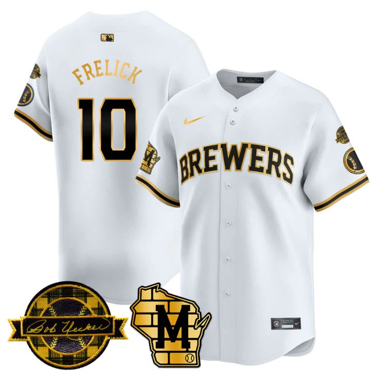 Men's Sal Frelick Jersey #10 Milwaukee Brewers 2025 Limited Bob Uecker Patch Stitched White Gold