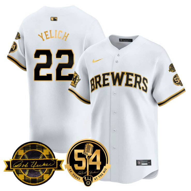 Men's Christian Yelich Jersey #22 Milwaukee Brewers 2025 Bob Uecker, 54 Seasons for Brewers White Gold