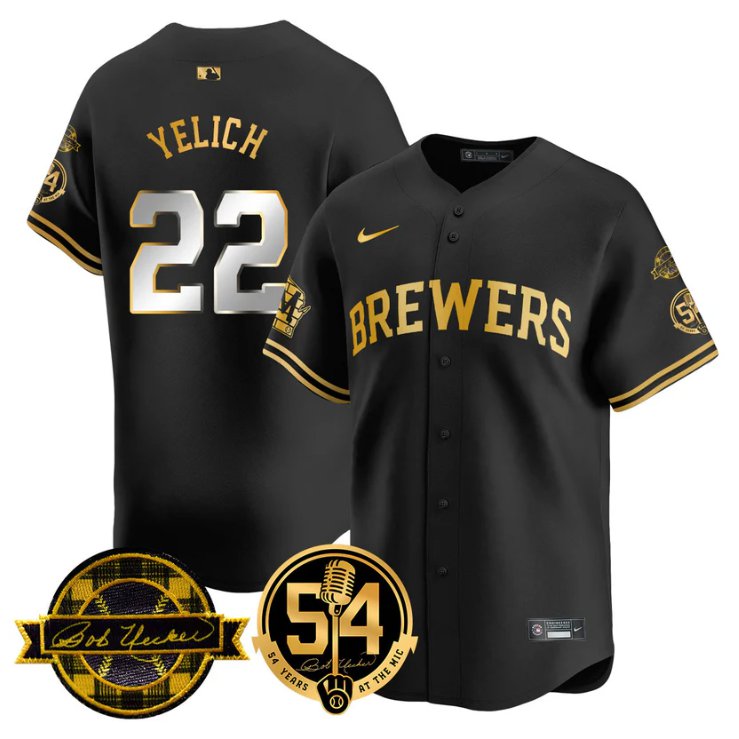 Men's Christian Yelich Jersey #22 Milwaukee Brewers 2025 Bob Uecker, 54 Seasons for Brewers Black Gold
