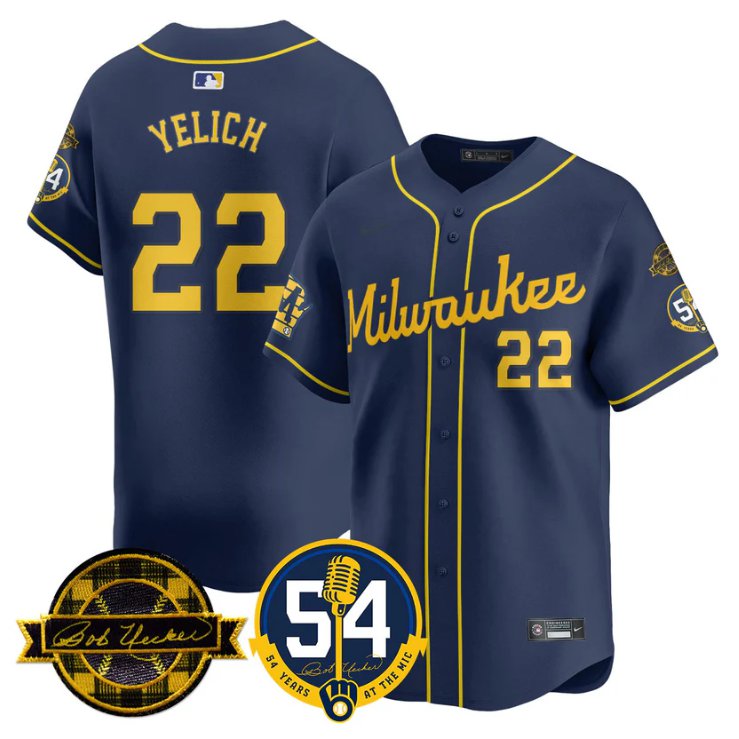 Men's Christian Yelich Jersey #22 Milwaukee Brewers 2025 Bob Uecker, 54 Seasons for Brewers Navy