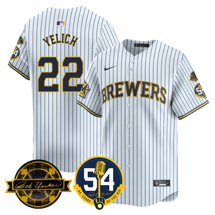 Men's Christian Yelich Jersey #22 Milwaukee Brewers 2025 Bob Uecker, 54 Seasons for Brewers White