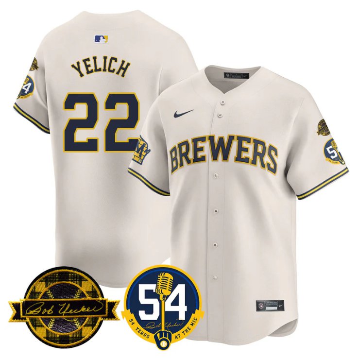 Men's Christian Yelich Jersey #22 Milwaukee Brewers 2025 Bob Uecker, 54 Seasons for Brewers Cream