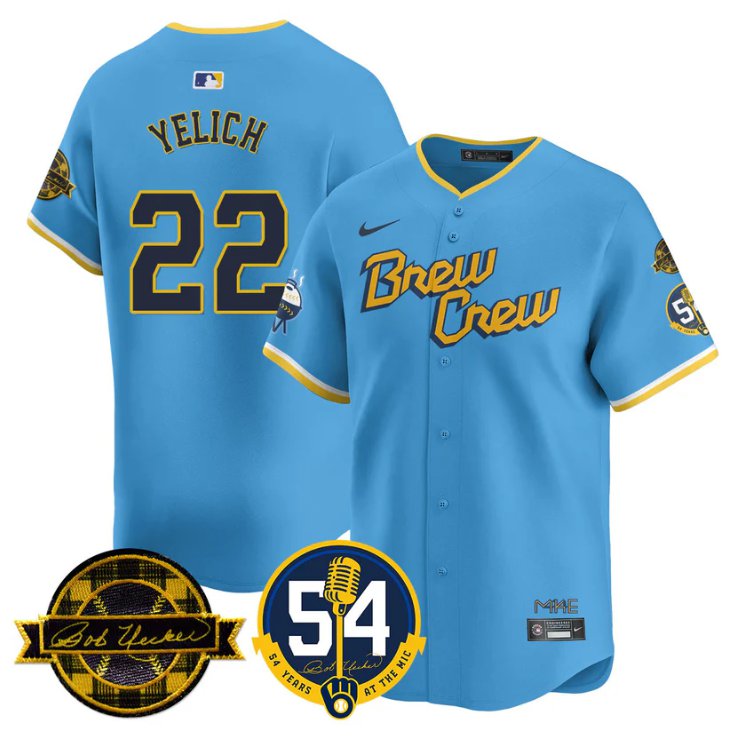 Men's Christian Yelich Jersey #22 Milwaukee Brewers 2025 Bob Uecker, 54 Seasons for Brewers City Connect