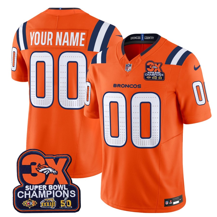 Denver Broncos Custom 3-Time Champions Patch Vapor Limited Stitched Jersey Orange