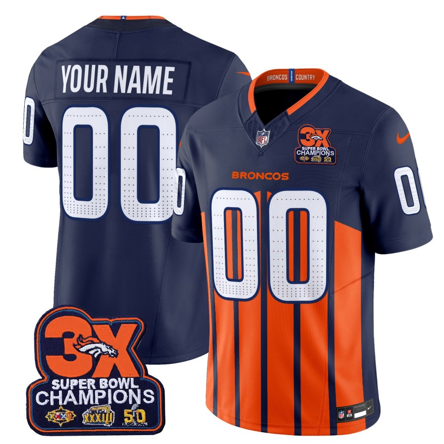 Denver Broncos Custom 3-Time Champions Patch Vapor Limited Stitched Jersey Navy Special