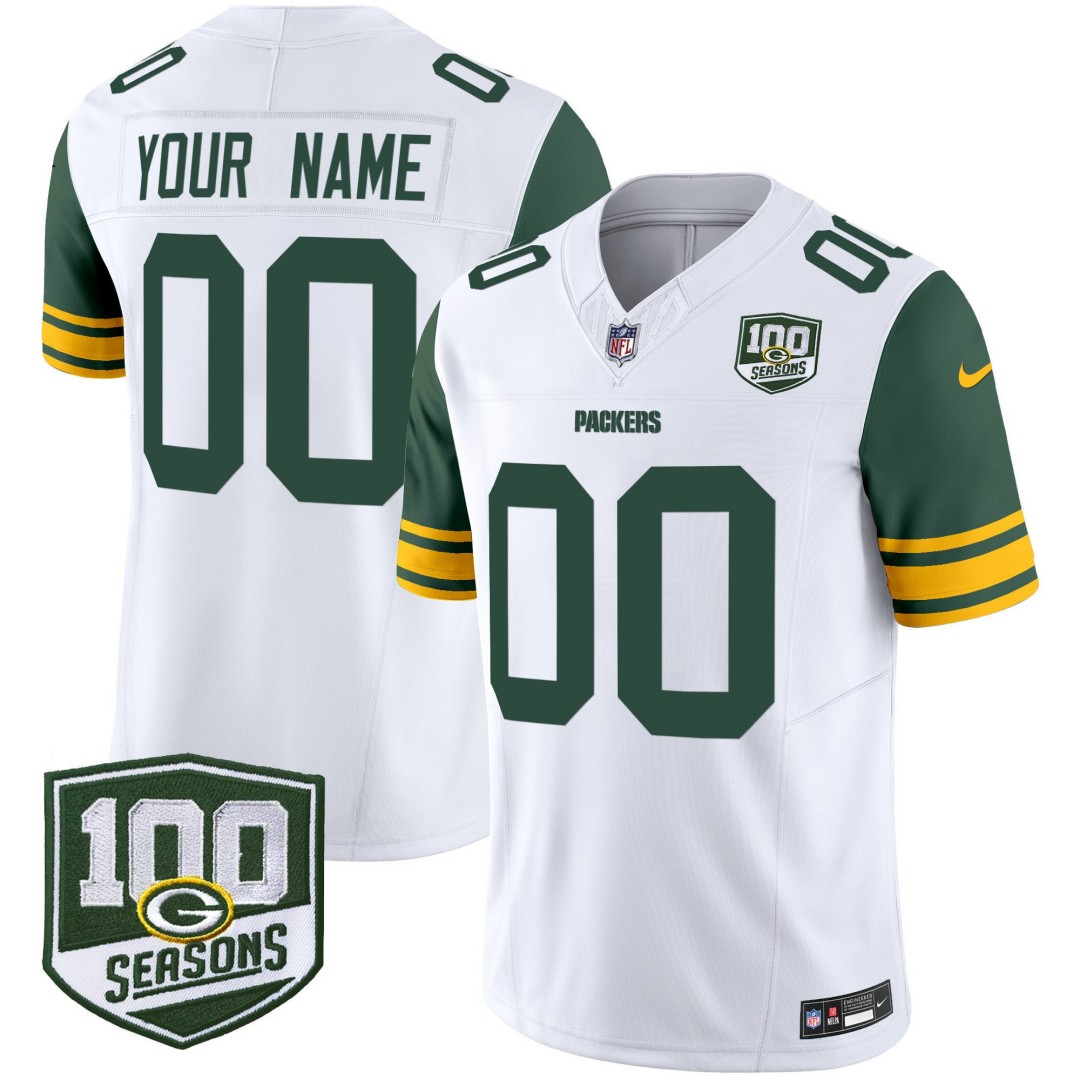 Green Bay Packers Throwback 100th Season Patch Nike Vapor Limited Custom NFL Football Jersey White - All Stitched