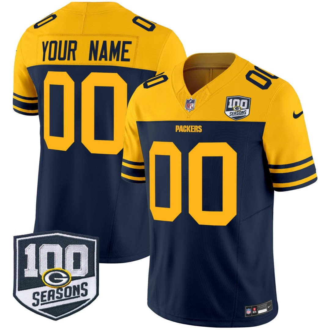 Green Bay Packers Throwback 100th Season Patch Nike Vapor Limited Custom NFL Football Jersey Navy - All Stitched