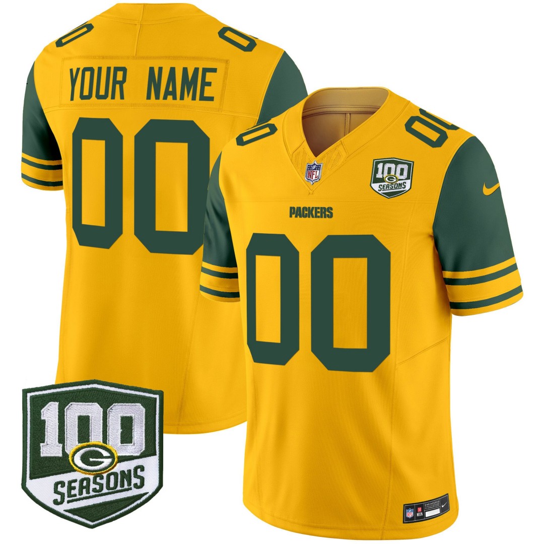 Green Bay Packers Throwback 100th Season Patch Nike Vapor Limited Custom NFL Football Jersey Gold - All Stitched