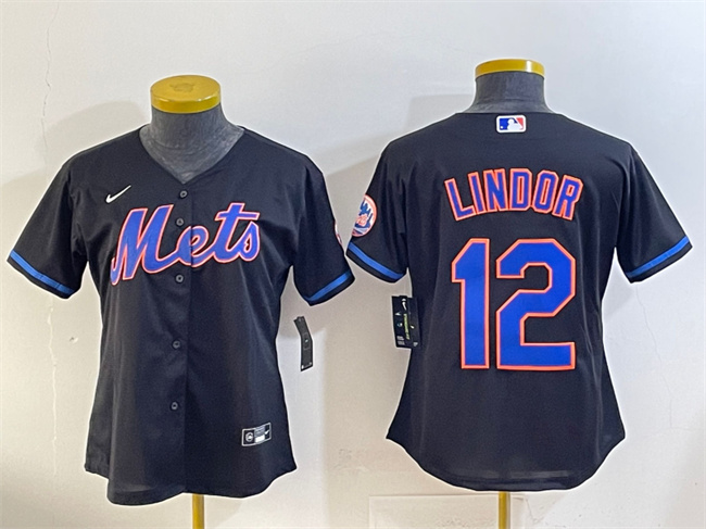 Youth New York Mets #12 Francisco Lindor Black Cool Base Stitched Baseball Jersey