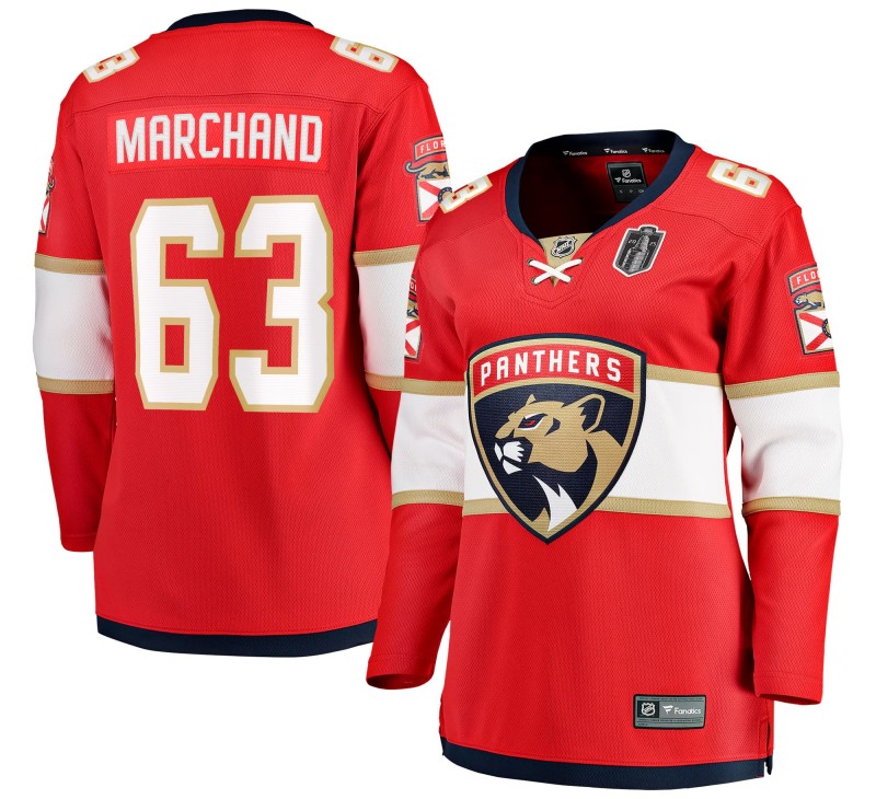 Women's Florida Panthers #63 Brad Marchand Red 2025 Stanley Cup Final Home Stitched Hockey Jersey