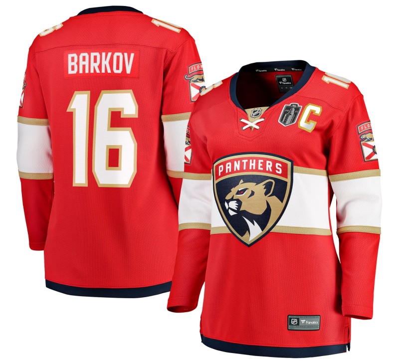 Women's Florida Panthers #16 Aleksander Barkov Red 2025 Stanley Cup Final Home Stitched Hockey Jersey