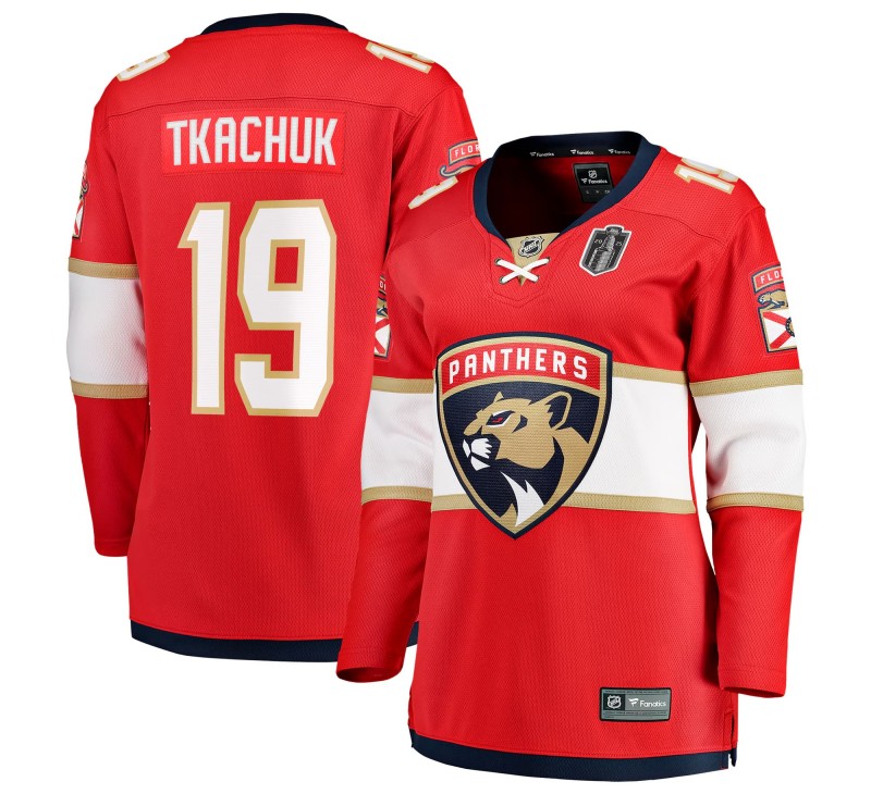 Women's Florida Panthers #19 Matthew Tkachuk Red 2025 Stanley Cup Final Home Stitched Hockey Jersey
